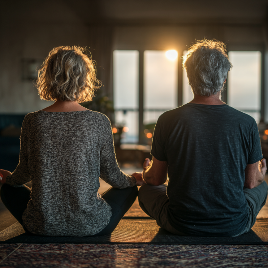 Grup de seniori practicând yoga împreună într-un studio luminos